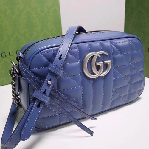 Gucci Unisex GG Marmont Matelassé Shoulder Bag Blue Matelassé Leather Double G