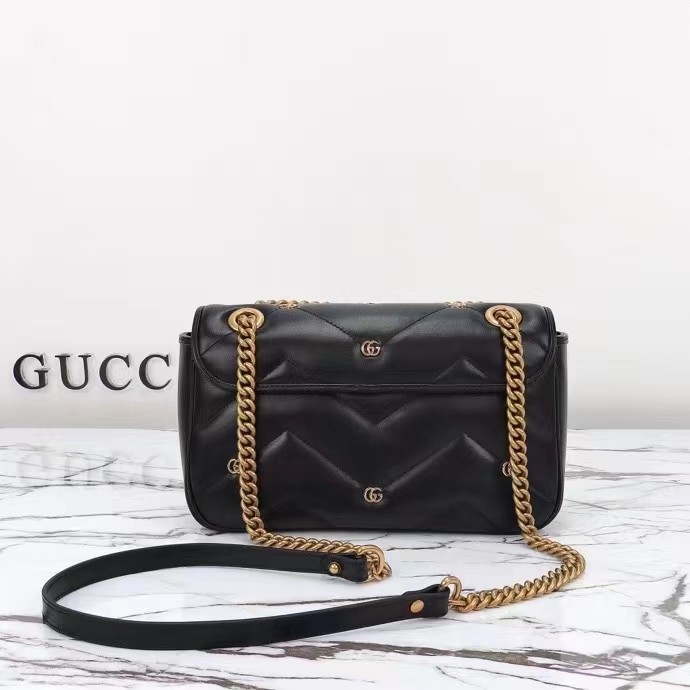Gucci Women GG Marmont Small Shoulder Bag Double G Black Matelassé Chevron Leather