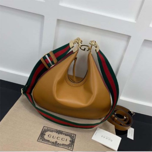 Gucci Women Attache Large Shoulder Bag Dark Orange Leather Green Red Web