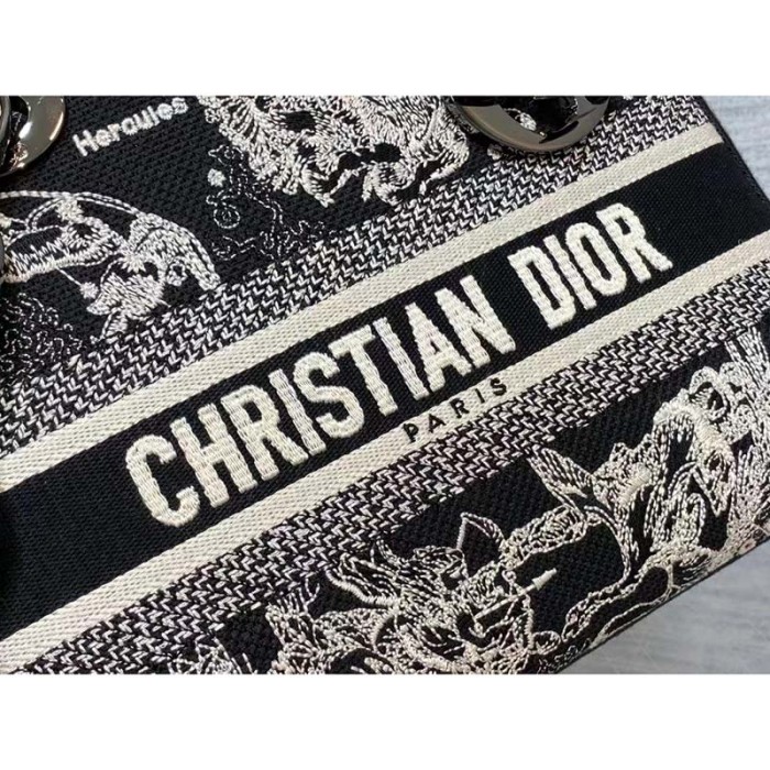 Dior Women CD Medium Lady D-Lite Bag Black Toile De Jouy Zodiac Embroidery
