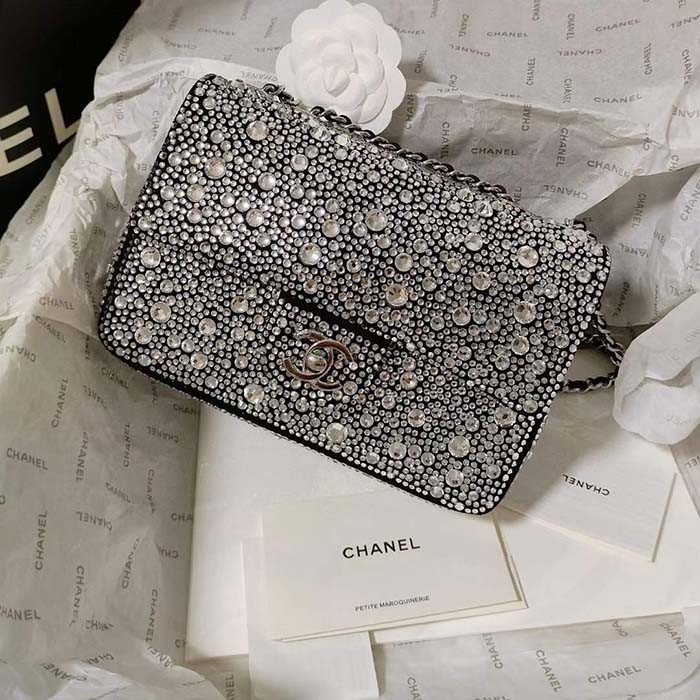 Chanel CC Women Mini Flap Bag Satin Strass Silver-Tone Metal Silver