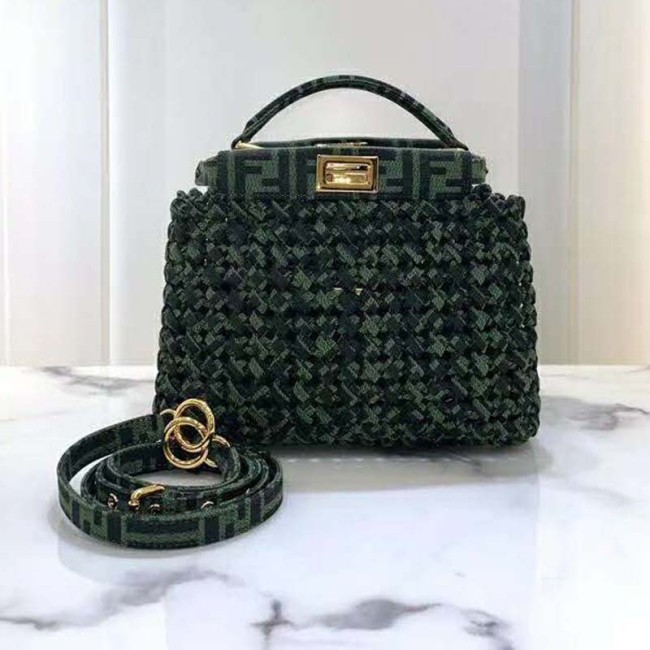 Fendi Women Peekaboo Iconic Mini Jacquard Fabric Interlace Bag-Dark Green