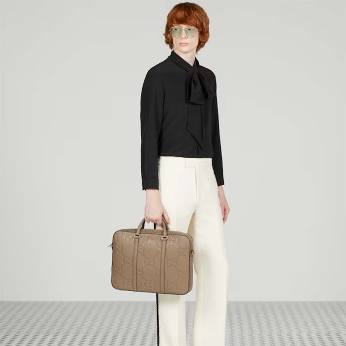 Gucci Unisex Jumbo GG Briefcase Taupe Leather Cotton Linen Lining