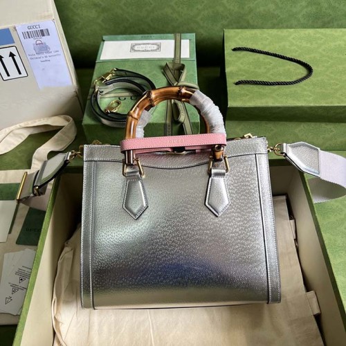 Gucci Women GG Diana Small Tote Bag Silver Lamé Leather Double G