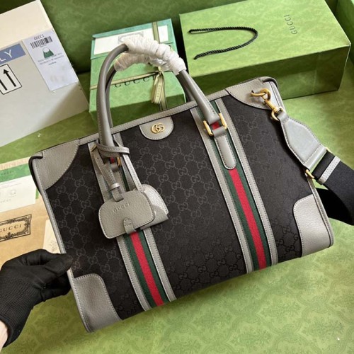 Gucci Unsiex Bauletto Large Duffle Bag Black Original GG Canvas Double G