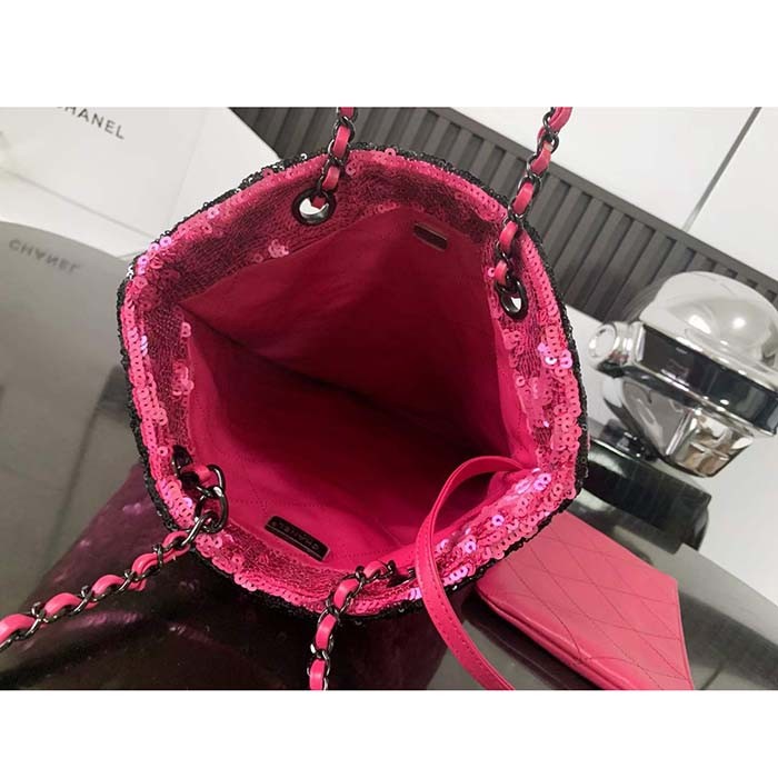 Chanel Women CC Shopping Bag Sequins Black Metal Dark Pink Black
