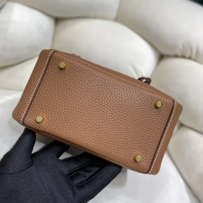 Hermes Women Lindy Mini 19 in Clemence Leather-Brown/Gold