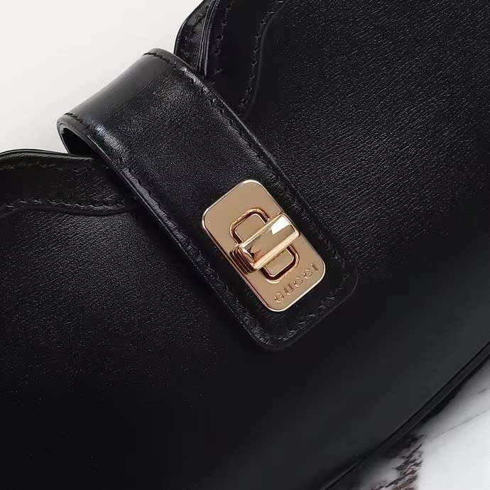 Gucci Women GG Moon Side Mini Shoulder Bag Black Leather Turn Lock