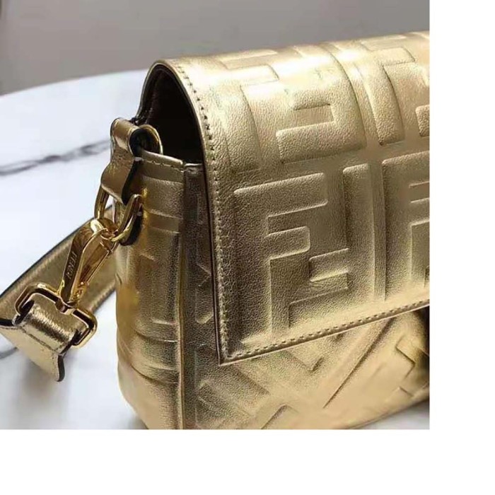Fendi Women Baguette Fendi Prints On Leather Bag-Gold