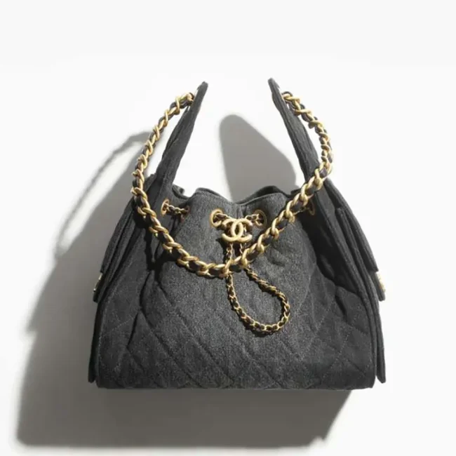 Chanel Women 25 Small Handbag Washed Denim Gold Tone Metal