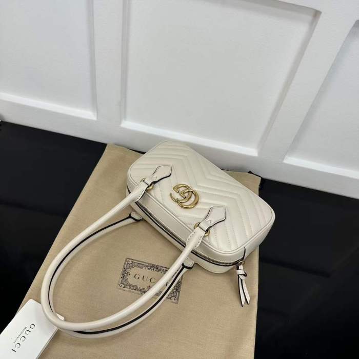Gucci Women GG Marmont Small Top Handle Bag White Matelassé Leather Chevron