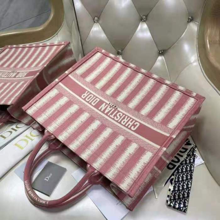 Dior Women Dior Book Tote Pink D-Stripes Embroidery