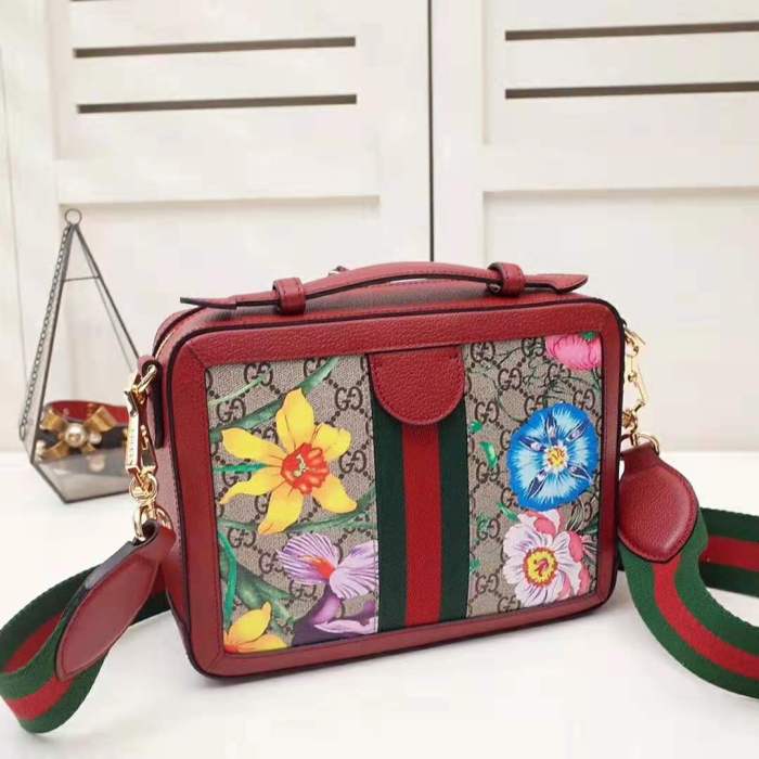 Gucci GG Women Ophidia GG Flora Small Shoulder Bag in Beige/Ebony GG Supreme Canvas