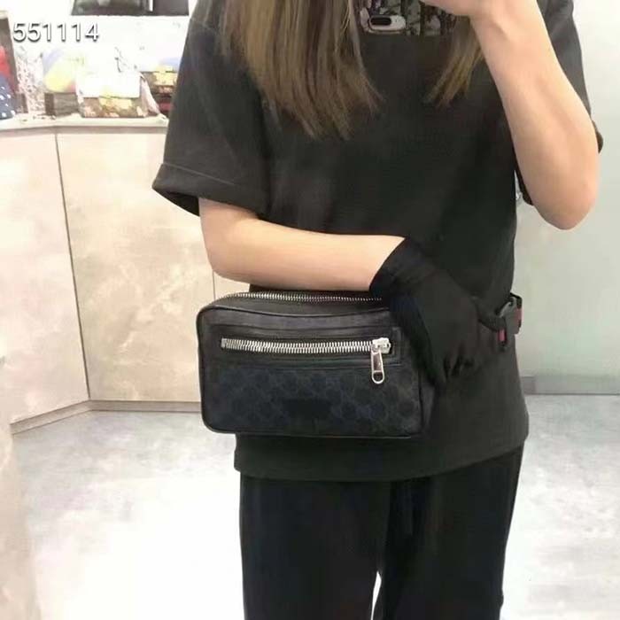 Gucci Unisex GG Black Belt Bag Black Grey Soft GG Supreme Front Zipper Pocket