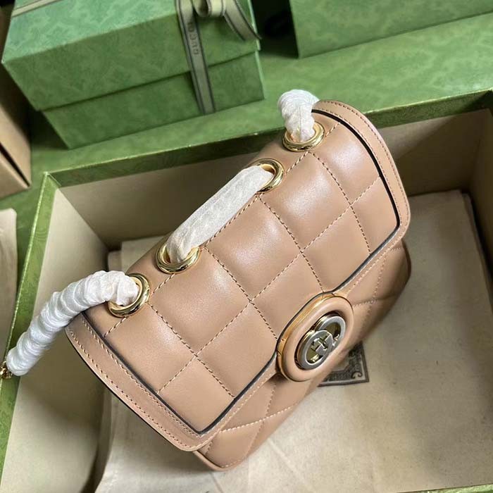 Gucci Women GG Deco Mini Shoulder Bag Rose Beige Quilted Leather Interlocking G