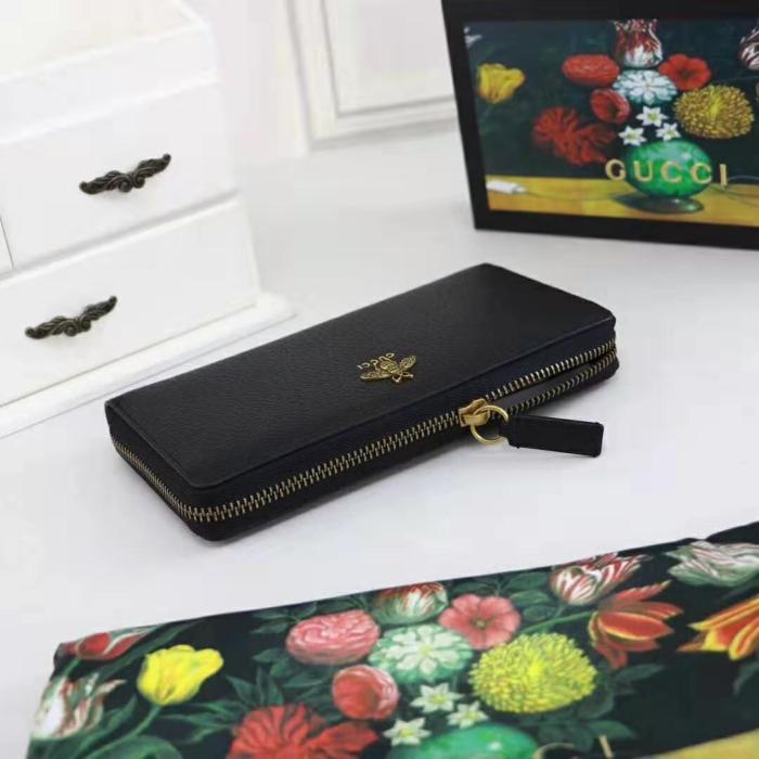 Gucci GG Unisex Animalier Leather Zip Around Wallet in Black Leather