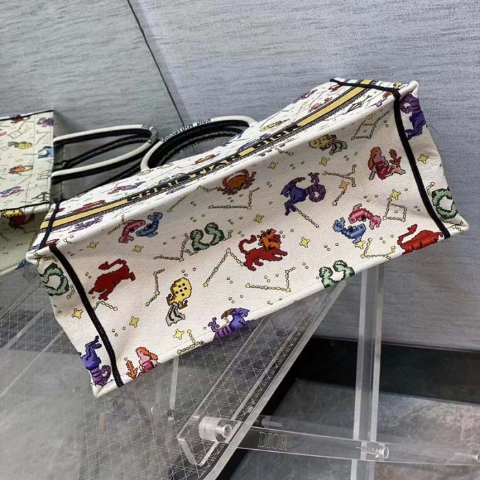 Dior Unisex CD Large Book Tote Latte Multicolor Dior Pixel Zodiac Embroidery