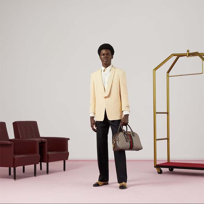 Gucci GG Unisex Savoy Medium Bowling Bag Beige Ebony GG Supreme Canvas Double G