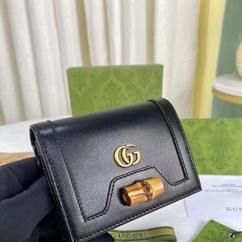 Gucci Unisex GG Diana Medium Wallet Double G Black Leather Bamboo Closure