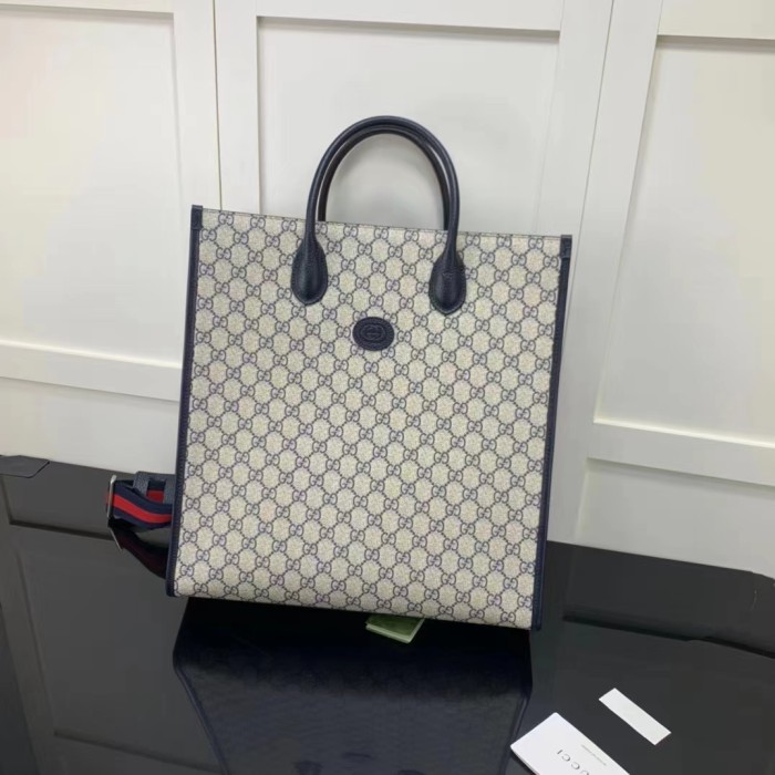 Gucci GG Unisex Medium Tote Bag Interlocking G Beige Blue Supreme Canvas