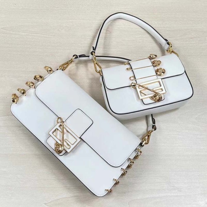 Fendi Women FF Brooch Mini Baguette Fendace White Leather Bag
