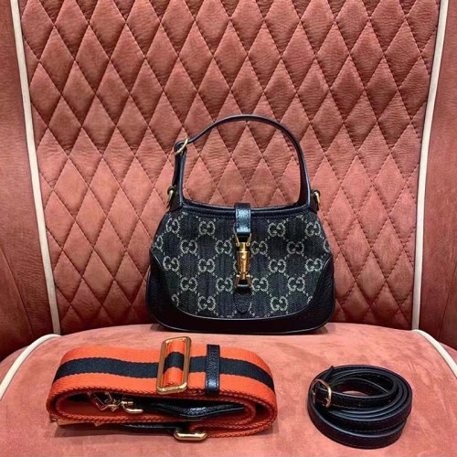 Gucci Unisex Jackie 1961 Small Shoulder Bag Black Ivory GG Denim Jacquard