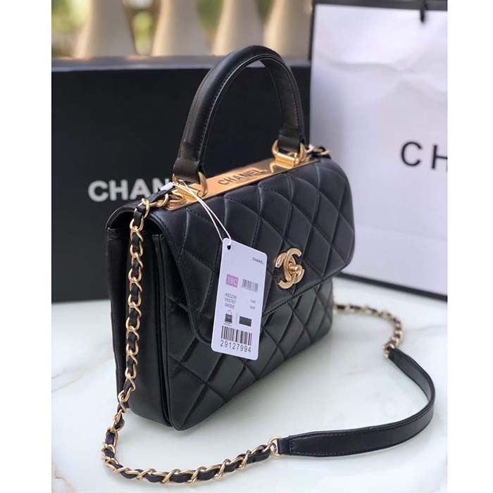 Chanel Women CC Flap Bag Top Handle Lambskin Gold-Tone Metal Black