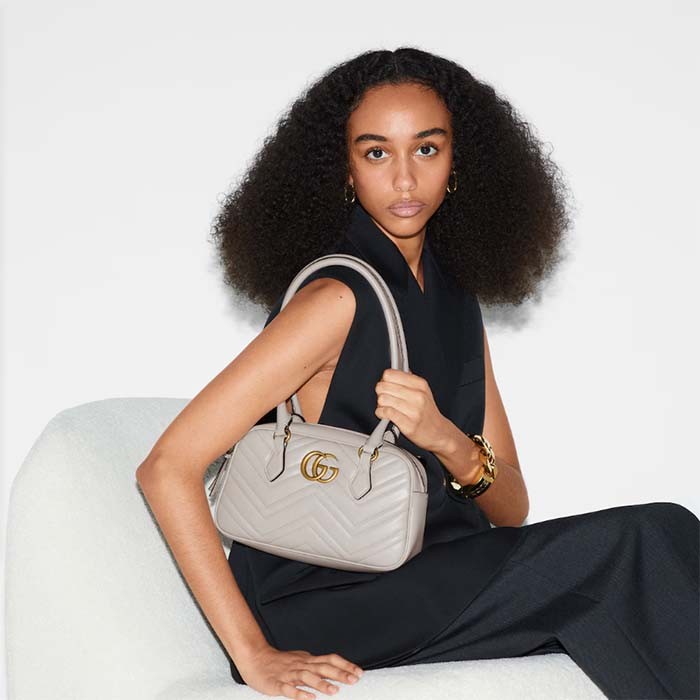 Gucci Women GG Marmont Small Top Handle Bag White Matelassé Leather Chevron