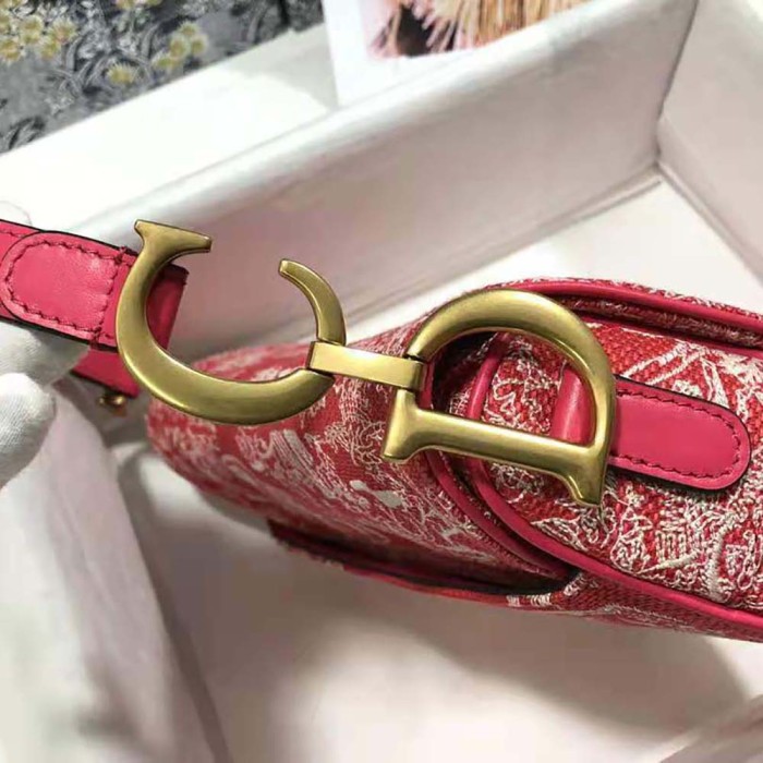 Dior Women Saddle Bag Toile DE Jouy Reverse Jacquard-Red