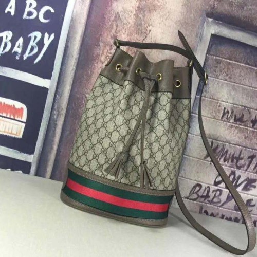 Gucci GG Women Ophidia GG Bucket Bag in Beige and Ebony GG Supreme Canvas