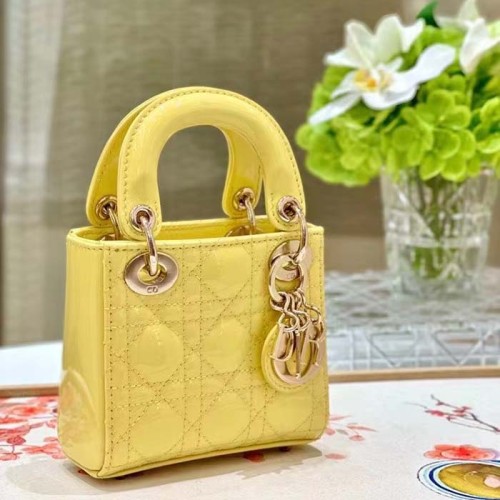 Dior Women CD Mini Lady Dior Bag Yellow Patent Cannage Lambskin