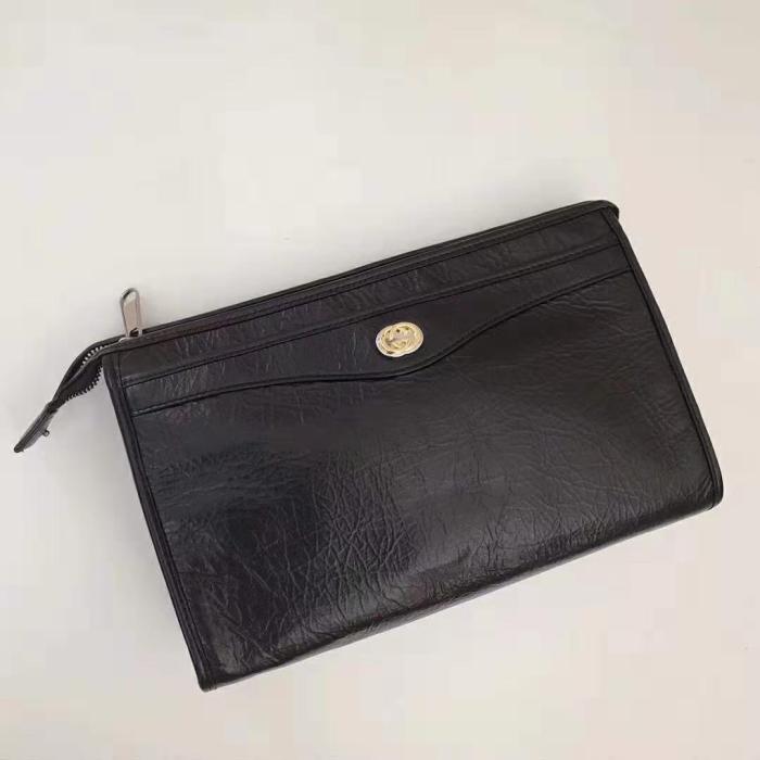 Gucci GG Men Pouch with Interlocking Bag in Black Soft Leather