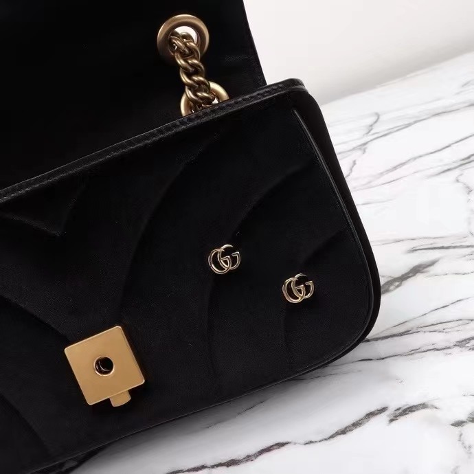 Gucci Women GG Marmont Mini Shoulder Bag Black Quilted Chevron Velvet Leather Double G