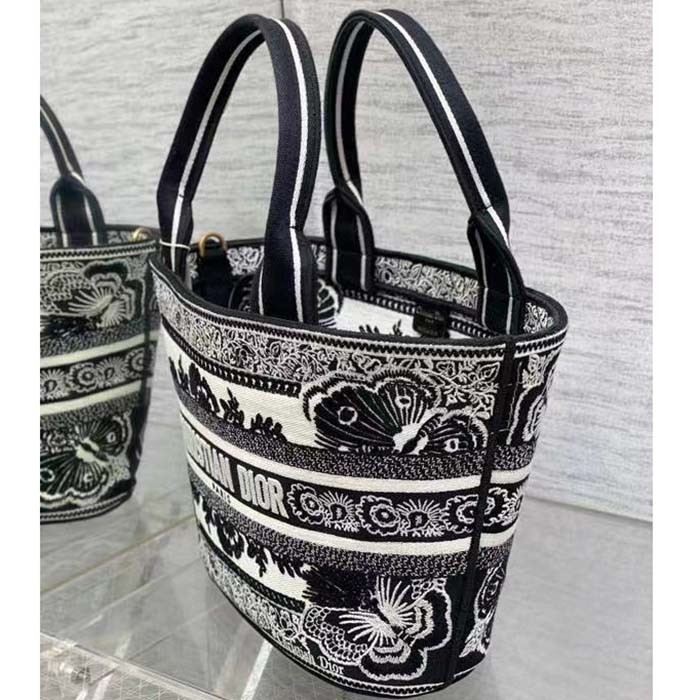 Dior Women CD Hat Basket Bag White Black Butterfly Bandana Embroidery