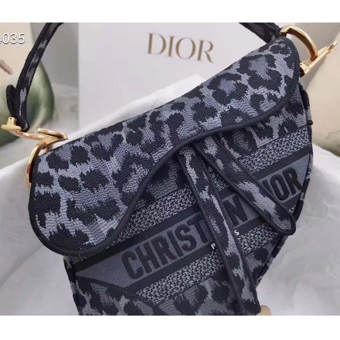 Dior CD Women Saddle Bag Gray Mizza Embroidery Magnetic 'D' Stirrup Closure