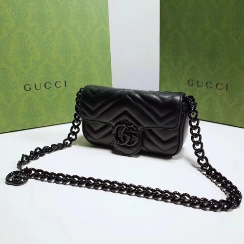 Gucci Women GG Marmont Belt Bag Black Chevron Matelassé Leather Double G