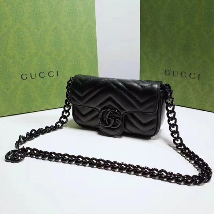Gucci Women GG Marmont Belt Bag Black Chevron Matelassé Leather Double G