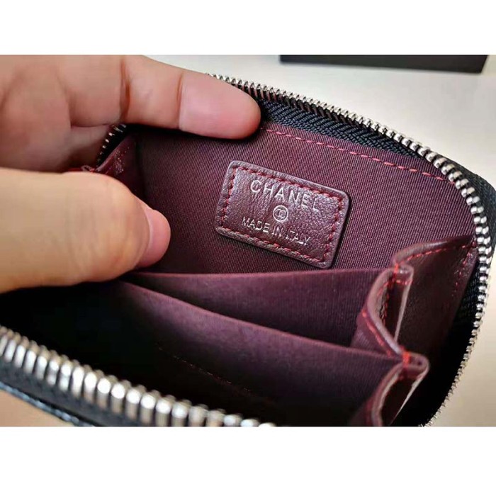 Chanel Women Classic Zipped Coin Purse in Grained Calfskin & Silver-Tone Metal-Black