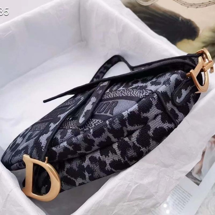 Dior CD Women Saddle Bag Gray Mizza Embroidery Magnetic 'D' Stirrup Closure