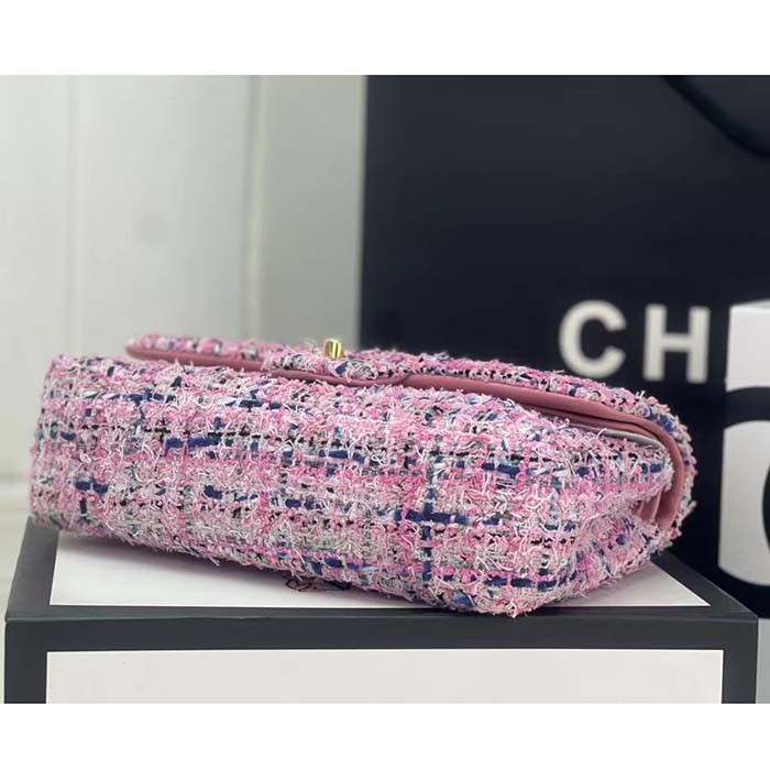 Chanel Women CC Flap Bag Tweed Fabrics Gold-Tone Metal Purple Pink Blue