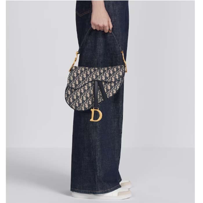 Dior Women Saddle Bag Strap Blue Dior Oblique Jacquard CD Signature Interior Back Pocket