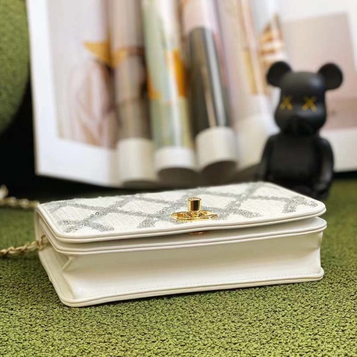 Chanel Women CC Wallet On Chain Embroidered Satin Sequins Gold-Tone Metal White Silver