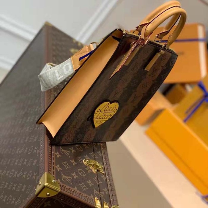 Louis Vuitton LV Unisex Sac Plat Cross Monogram Stripes Brown Coated Canvas