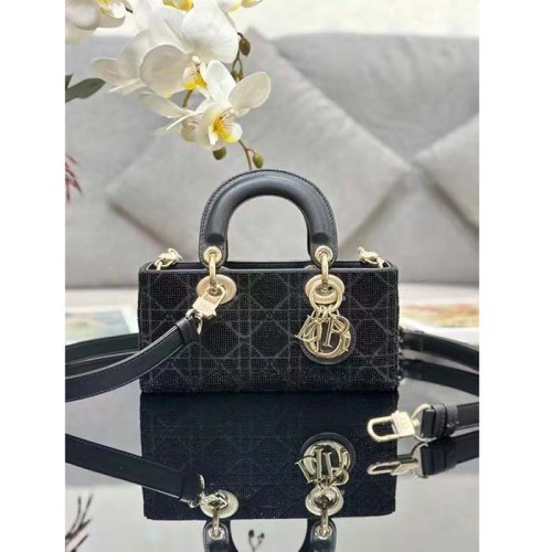 Dior Women CD Small Lady D-Joy Bag Black Cannage Cotton Micropearl Embroidery