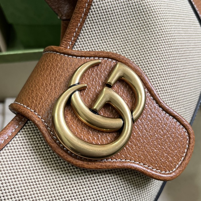 Gucci Women GG Aphrodite Small Shoulder Bag Beige Cotton Canvas Brown Leather