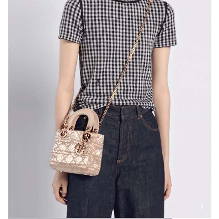 Dior Women CD Mini Lady Bag Caramel Beige Cannage Cotton Embroidered Micropearls