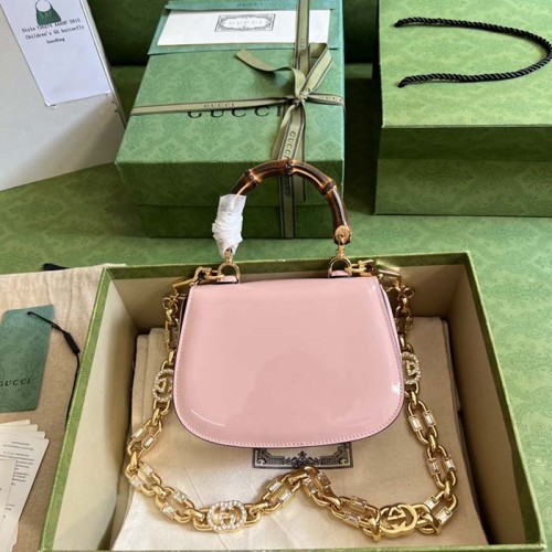 Gucci Women Bamboo 1947 Mini Top Handle Bag Light Pink Patent Leather