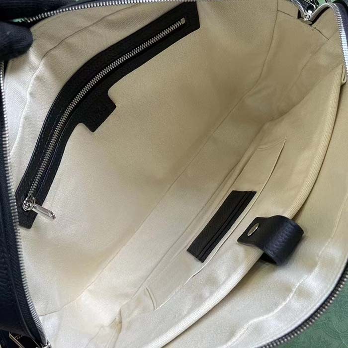 Gucci Unisex Jumbo GG Briefcase Black Leather Cotton Linen Lining Medium Size