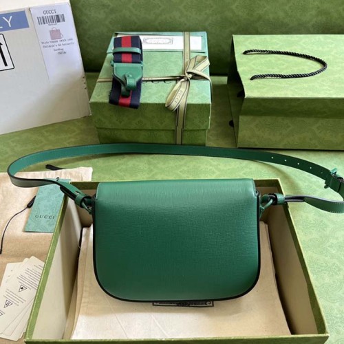 Gucci GG Women Horsebit 1955 Small Shoulder Bag Green Leather Horsebit Detail