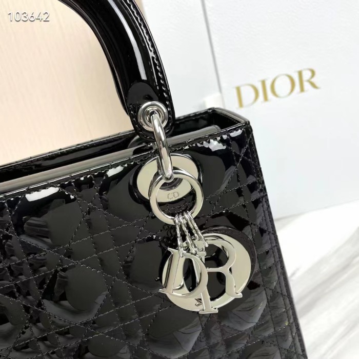 Dior Women CD Medium Lady Dior Bag Black Patent Cannage Calfskin